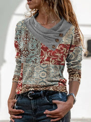 Stripe Positioning Print Button Discount V-Neck Pullover Fashion Autumn Winter Top