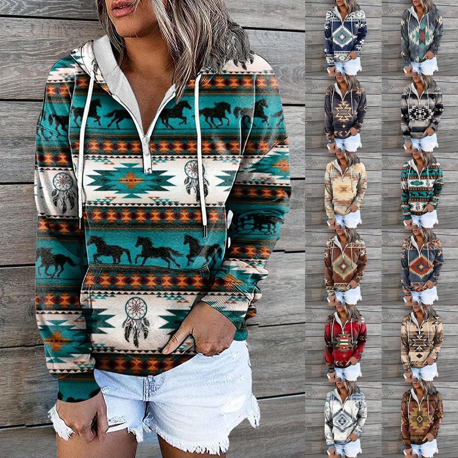 European And American Women's Zip Pocket Print Casual Hoodie