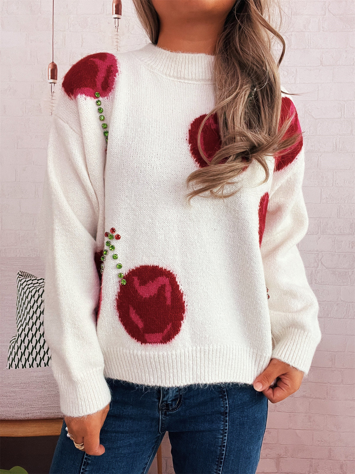 Women's Casual Loose Cherry Jacquard Color-block Knit Sweater