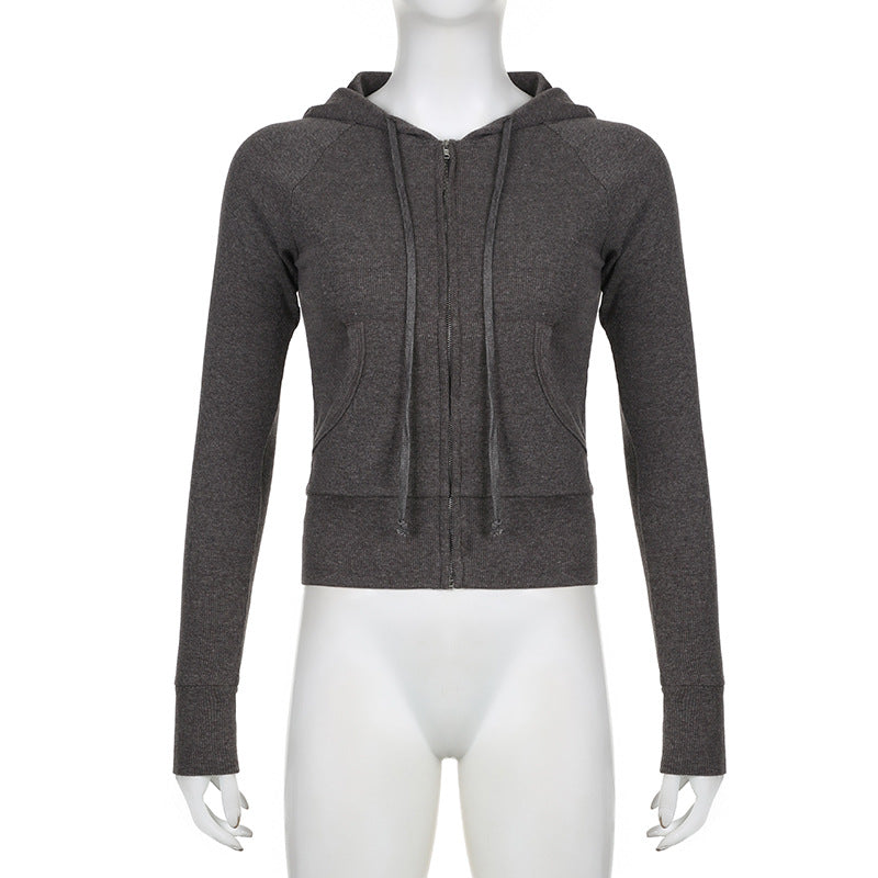 Women's Gray Ribbed Hooded Zip-Up Short Cardigan Sweater