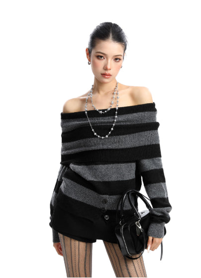 Korean Style Color-blocked Off-shoulder Sweater for Women, Autumn and Winter