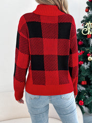 Casual Color Block Plaid Lantern Sleeve High Neck Sweater