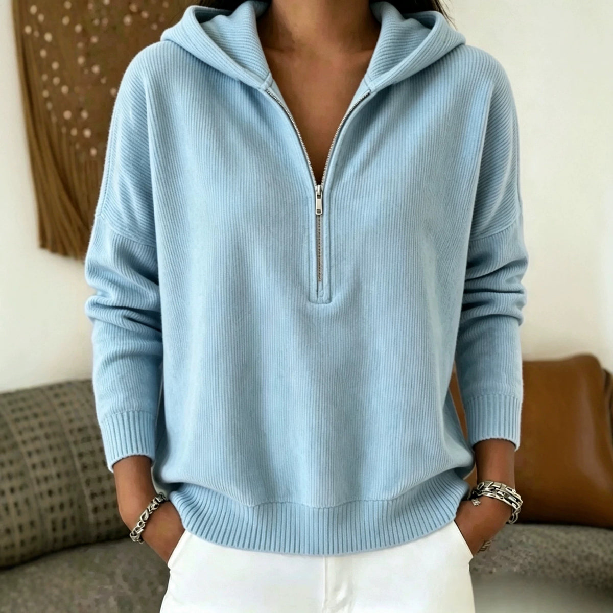 Womens Fashionable Casual Zip-neck Hoodie Top