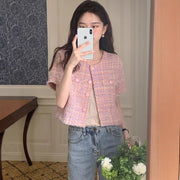 Pink Short-Sleeve Round Neck Jacket – Lightweight & Stylish