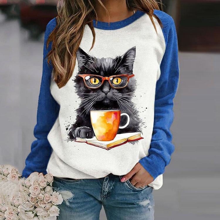 Cute Cartoon Cat Print Long Sleeve Crew Neck Sweatshirt