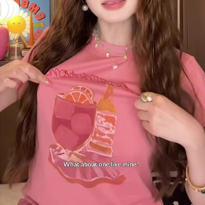 Cute Cartoon Print Loose Fit Pink Short Sleeve Top