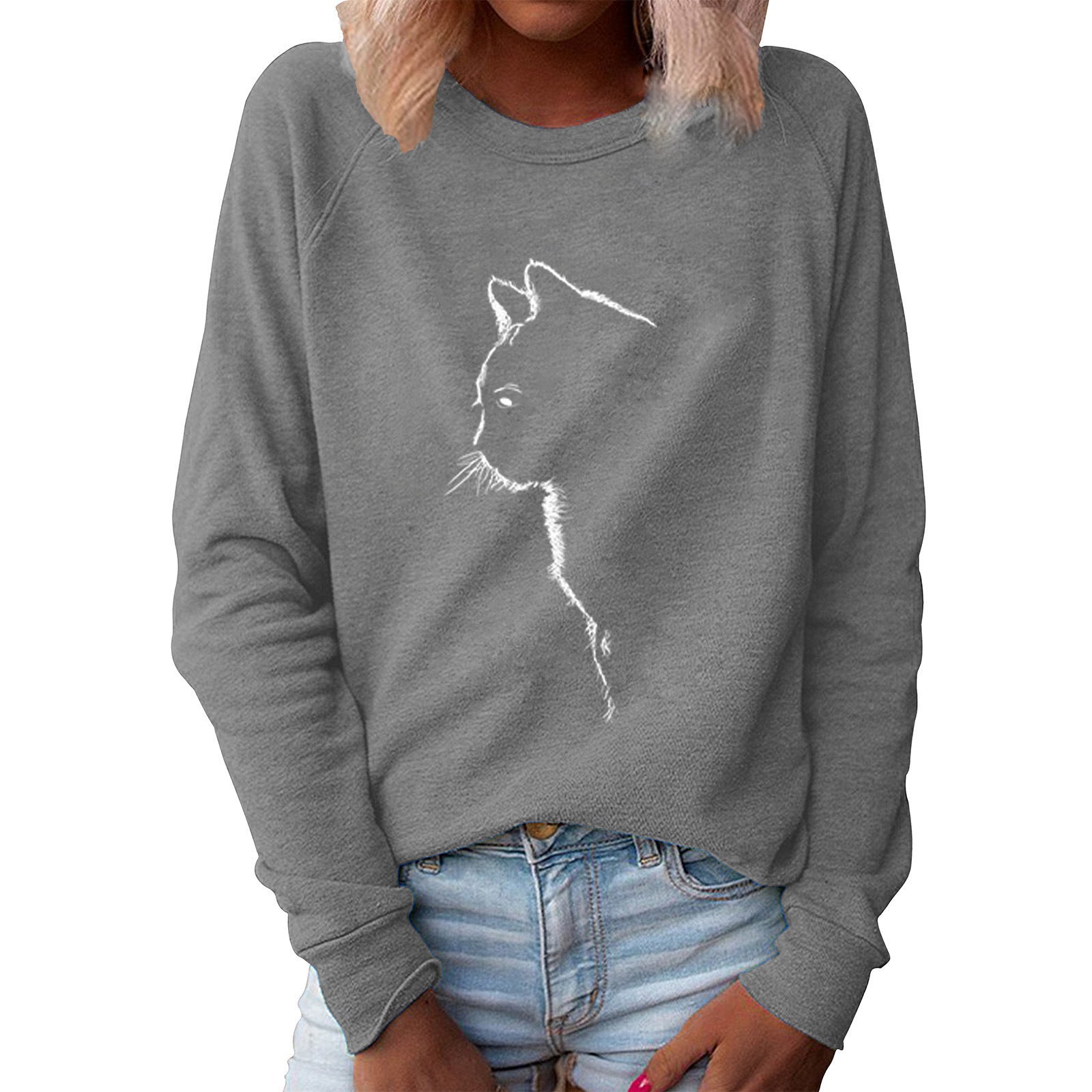Cute Cat Print Long Sleeve Pullover Sweater