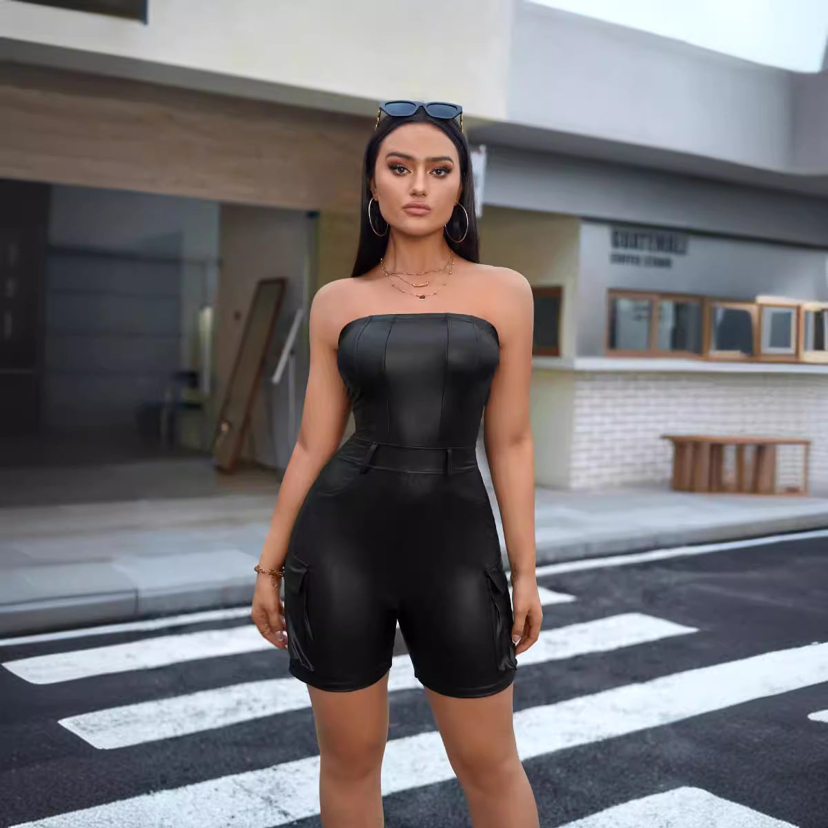 Sexy Off-Shoulder PU Leather Bodycon Jumpsuit