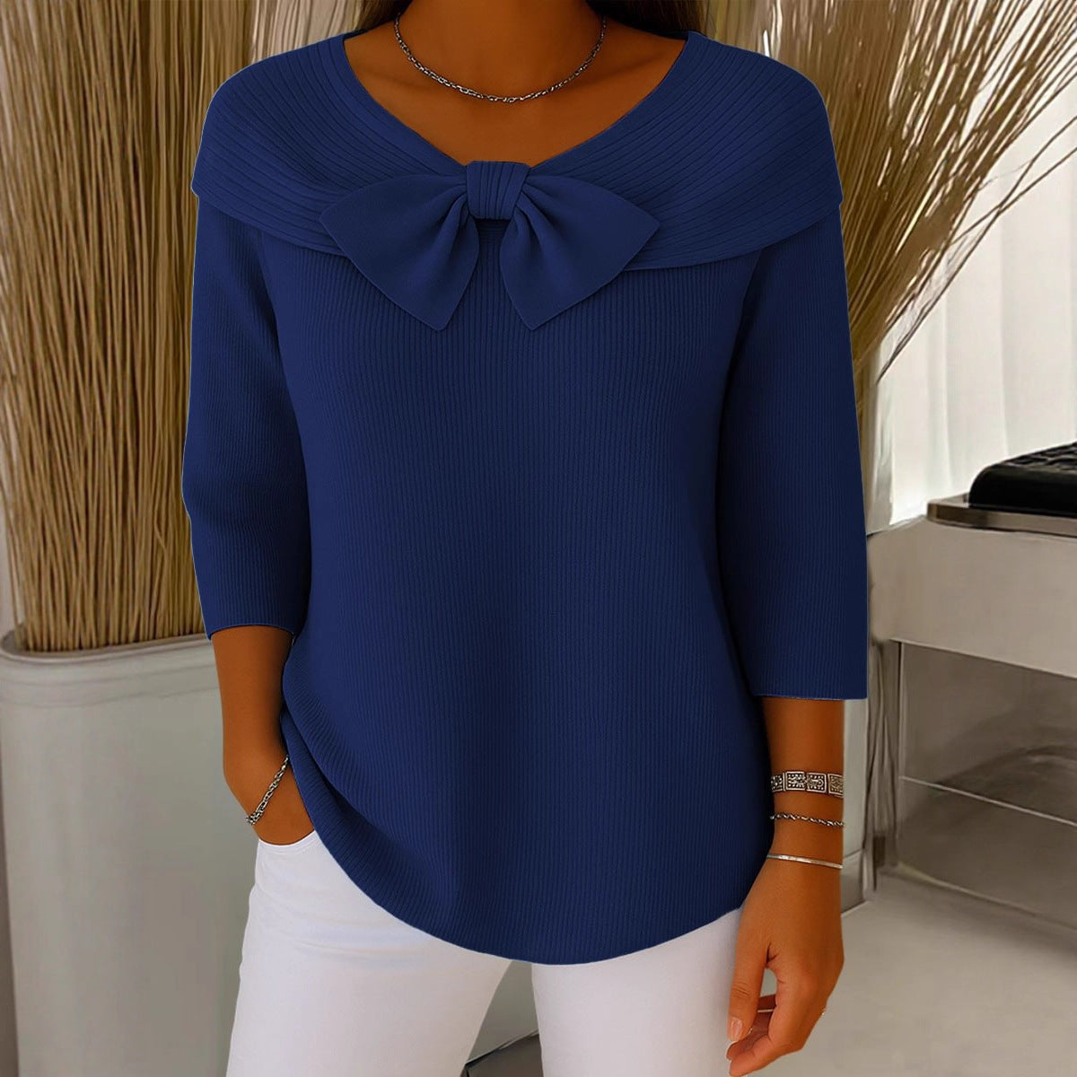 Knitted Bow Solid Color Sweater Autumn and Winter