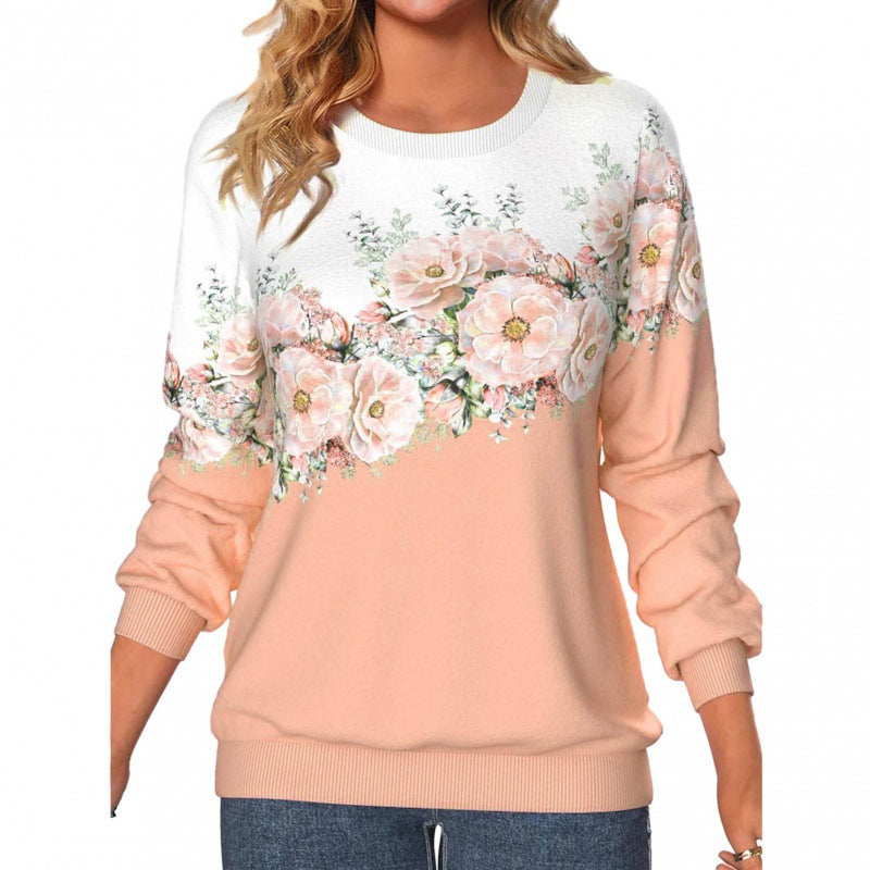 Women's 3D Floral Print Long Sleeve Pullover Sweatshirt