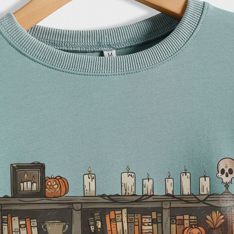 Cozy Black Cat Bookshelf Halloween Sweatshirt