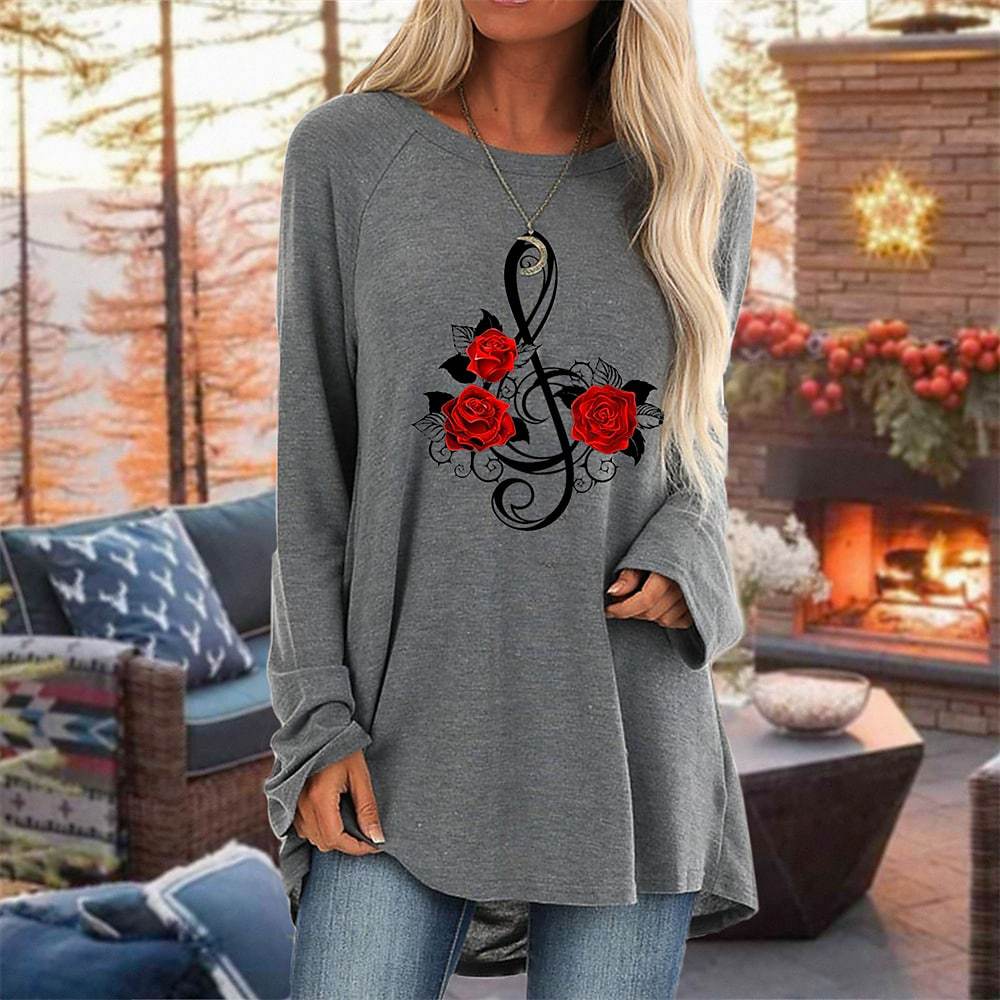 Women's 3D Rose Print Round Neck Casual T-Shirt