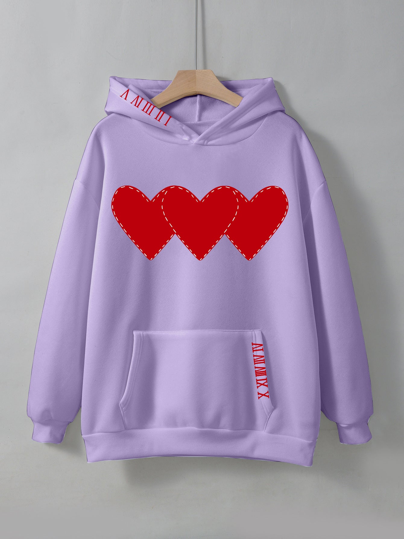 Women's Heart Print Brushed Fleece Drawstring Hoodie
