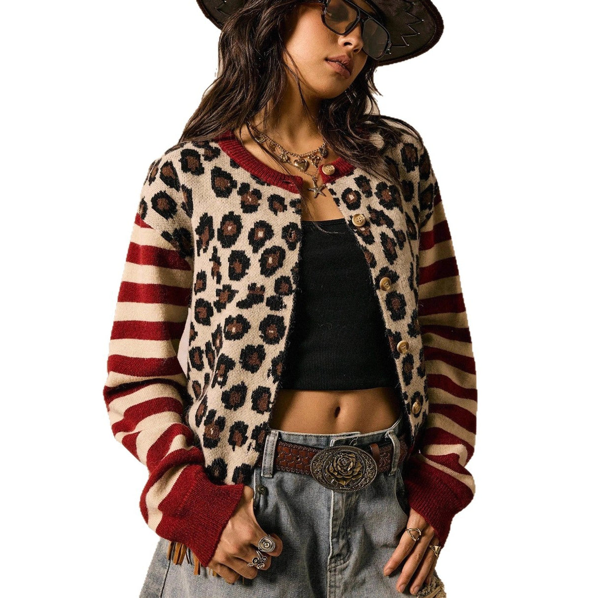Womens Crew-neck Striped Drop-shoulder Top and Leopard-print Long-sleeve Cardigan