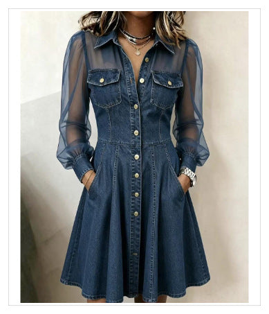 Faux Denim Patchwork Mesh Long Top