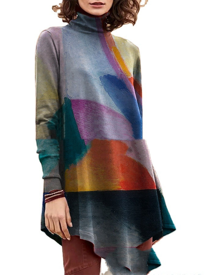 Colorful Oil Painting Turtleneck Long Sleeve Top