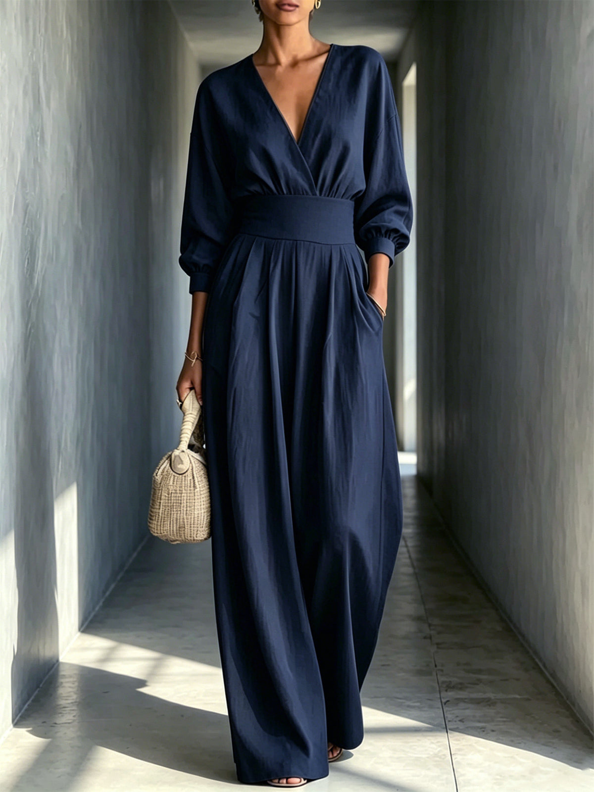 V-Neck Long-Sleeve Fitted Waist Wide-Leg Jumpsuit