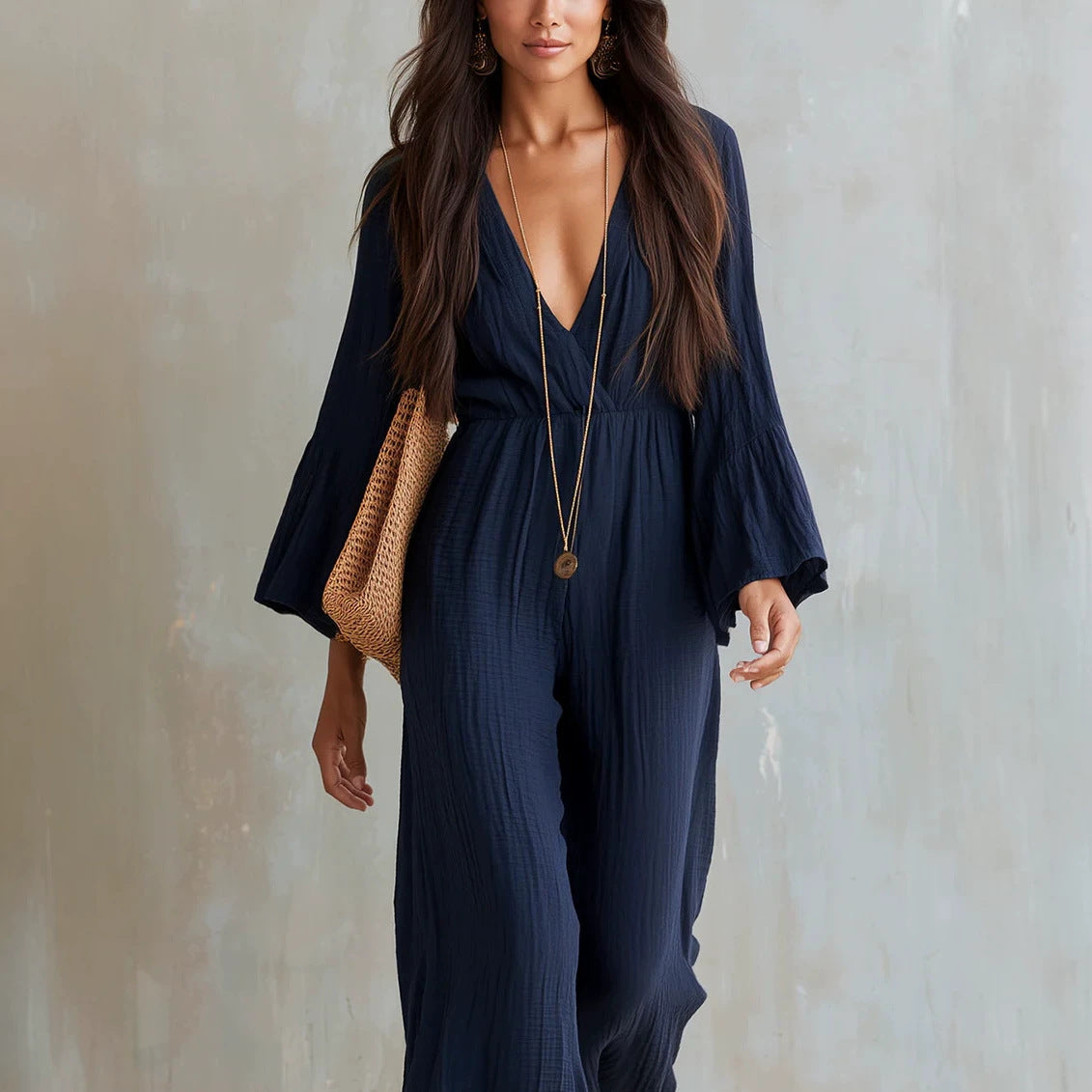 Womens Long-sleeve V-neck Bohemian-style Elastic-waist Jumpsuit