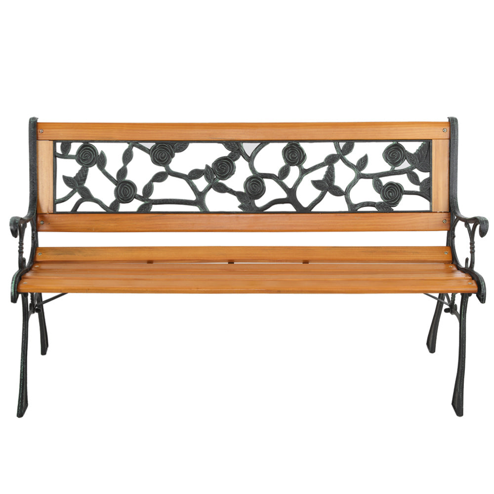 [Outdoor Camping] 49-Inch Rose Flat Backrest, Bronze Green Armrests, Teak-Colored Seat Board, Iron Alloy Bench Suitable For Outdoor Patios, Gardens, Poolside, Family Gatherings, And Outdoor Camping