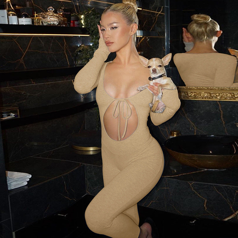 Slim-Fit Long Sleeve Chest Hollow Jumpsuit