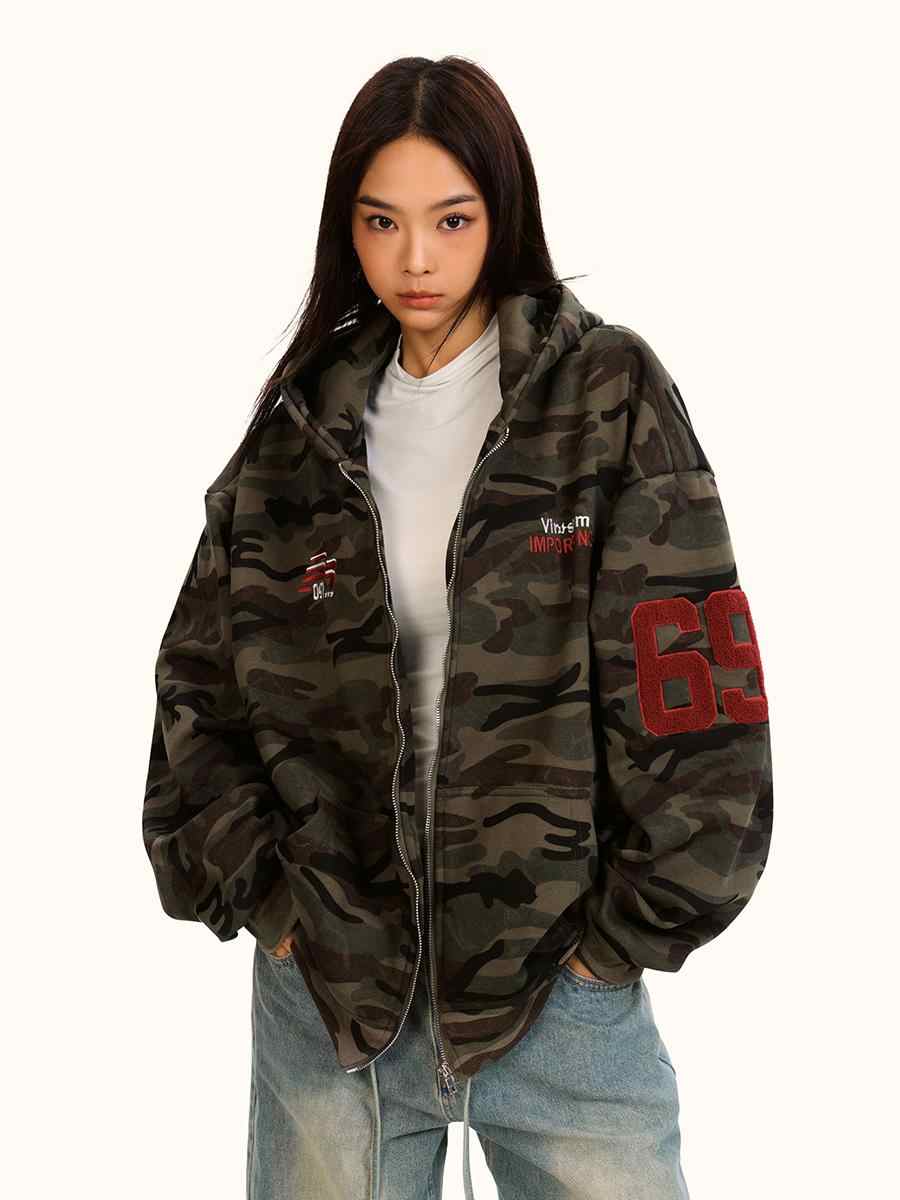 Fleece-Lined Camouflage Zip Hoodie for Women