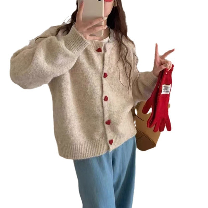 Round Neck All-matching Design Love Girl Buckle Knitted Cardigan Sweater Coat for Women