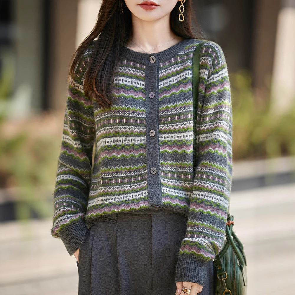 Womens Retro Jacquard Crew-neck Long-sleeve Sweater