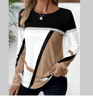 Geometric Print Contrast Stitching Pullover Top