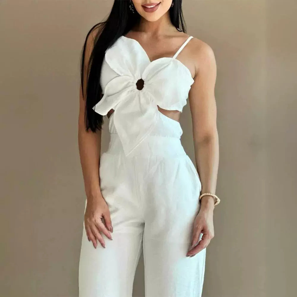 Chic White Floral 3D Sling Romper & One-Piece Trousers