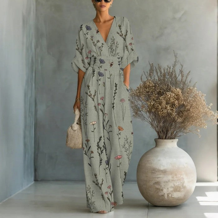 Printed V-Neck Waist-Cinched Wide-Leg Jumpsuit
