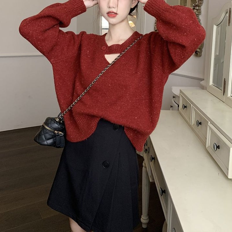 Knitted Sweater Women's Autumnwinter Korean-style Loose-fit Slimming Top with Exposed Collarbones and Long Sleeves