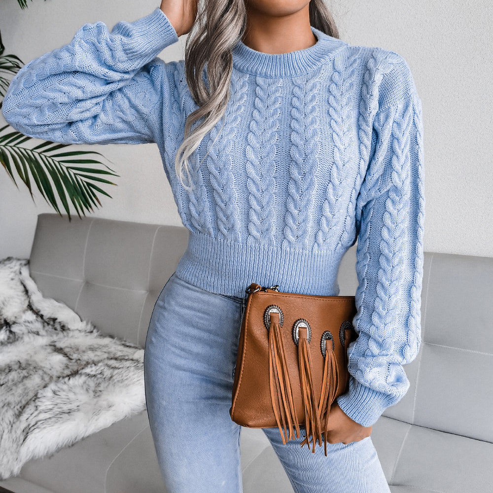 Cable Knit Waist Cinched Cropped Sweater