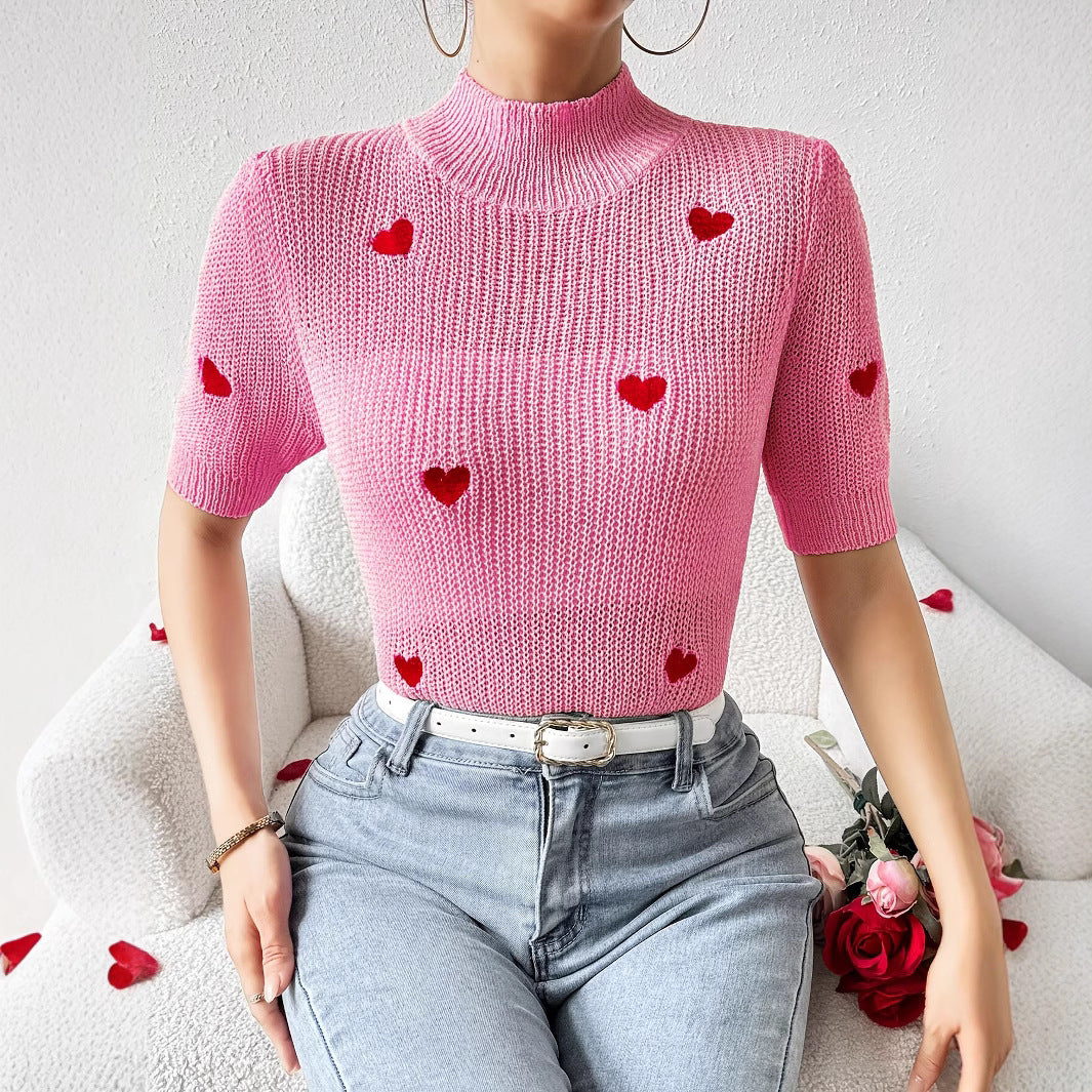 Peach Heart‑Knit Short‑Sleeve Top – Slim Fit, Elegant Style
