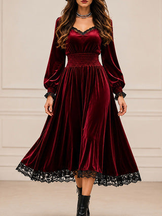 Annuo Women Fall Winter Elegant Casual Dress, Lace Splicing Velvet Evening Gown