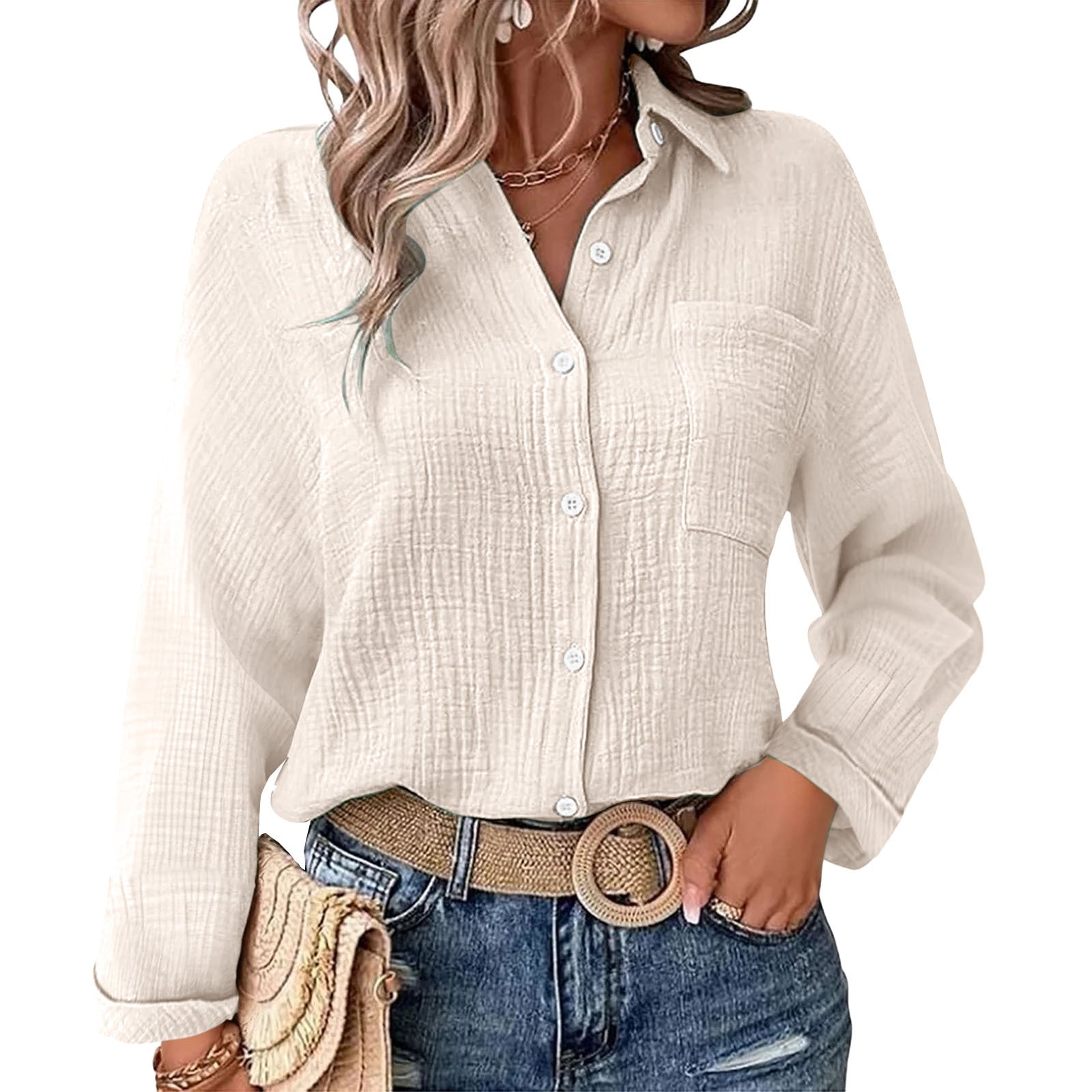 Solid Color Casual Loose Long Sleeve Linen Shirt