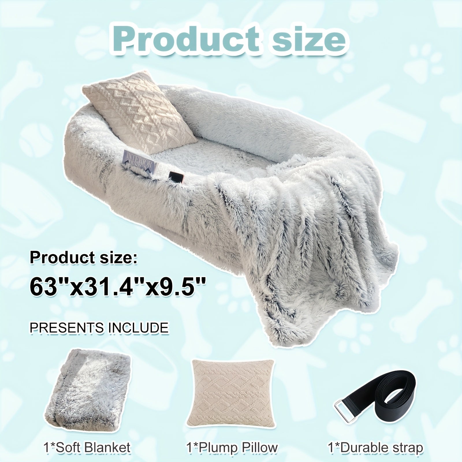XXL Orthopedic Human-Dog Bed with Plush Pillow & Blanket - 71"x45"x12" Washable Faux Fur Bed for people & Pets, Non-Slip Base, Removable Cover - Grey Sofa Napping Couch for Large