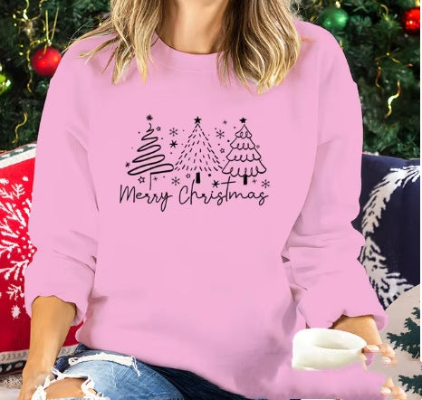 Festive Solid Color Christmas Crewneck Sweatshirt for Women
