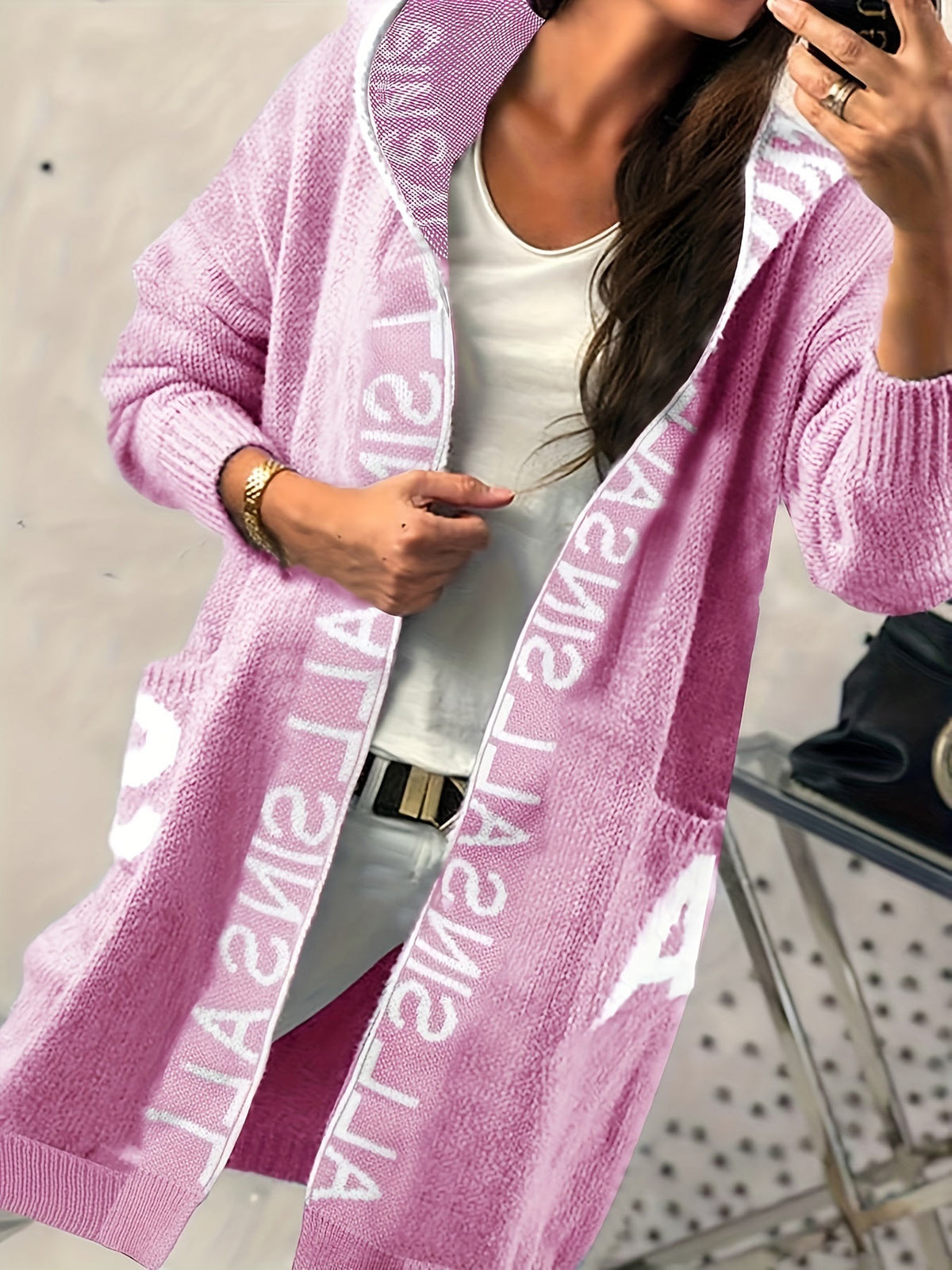 Women Hooded Letter Print Long Knit Cardigan Open Front Oversized Lantern Sleeve Pocket Sweater Coat