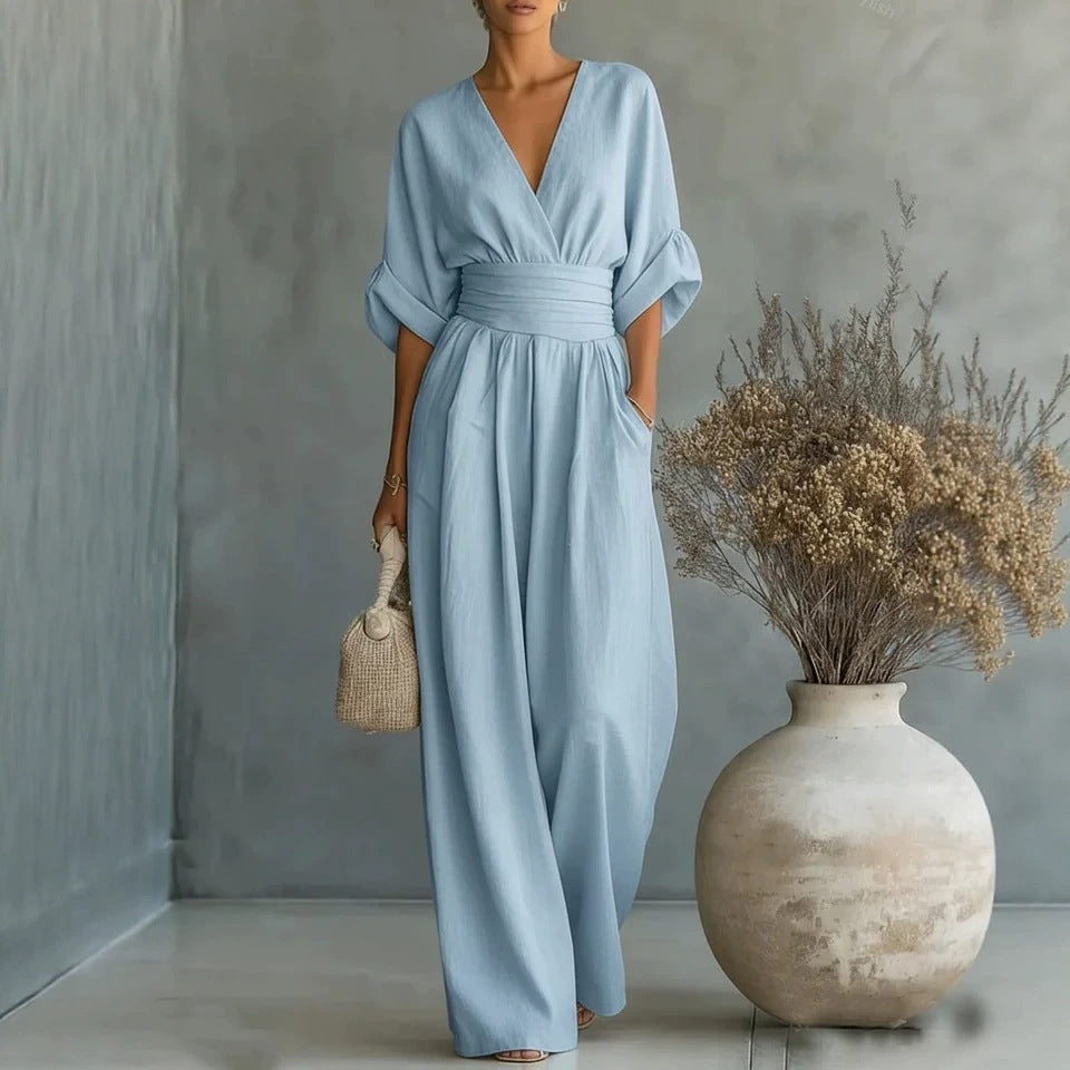 Women's Casual V-Neck Wide-Leg Summer Jumpsuit