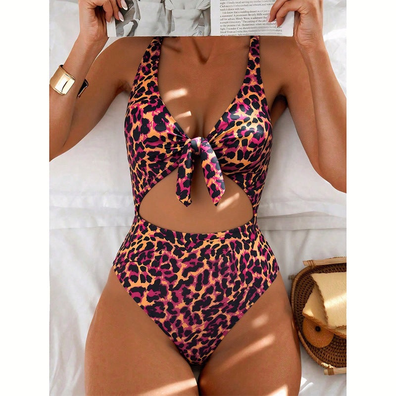 European And American Leopard-print Midriff-baring One-piece Swimsuit