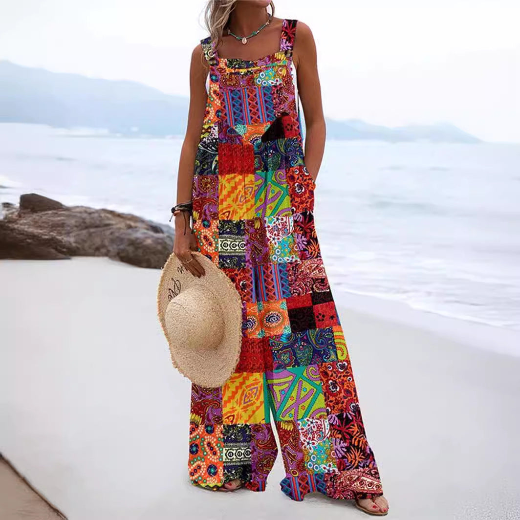 Chic Digital Print Button Romper with Wide Legs