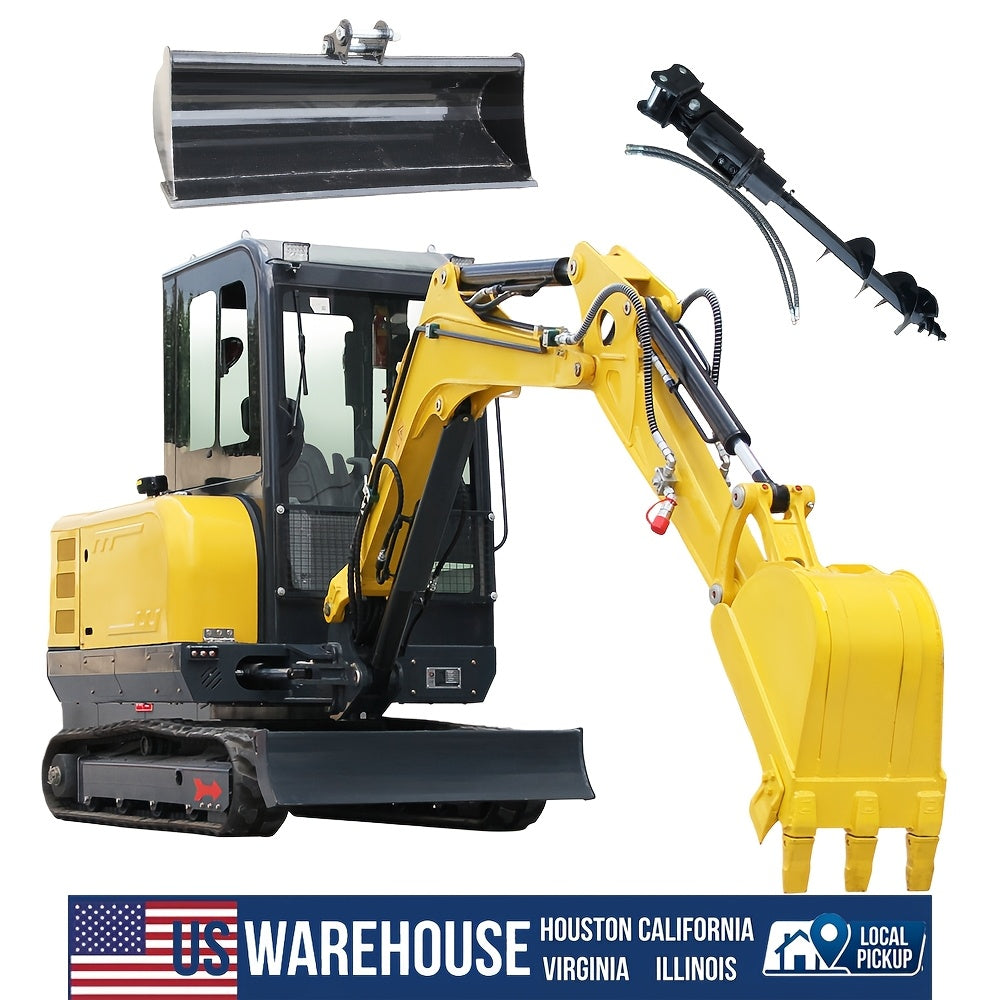 3.5‑Ton Compact Mini Excavator with Diesel Engine, Enclosed Cab, 800 mm Mud Bucket and 300 mm Auger Drill