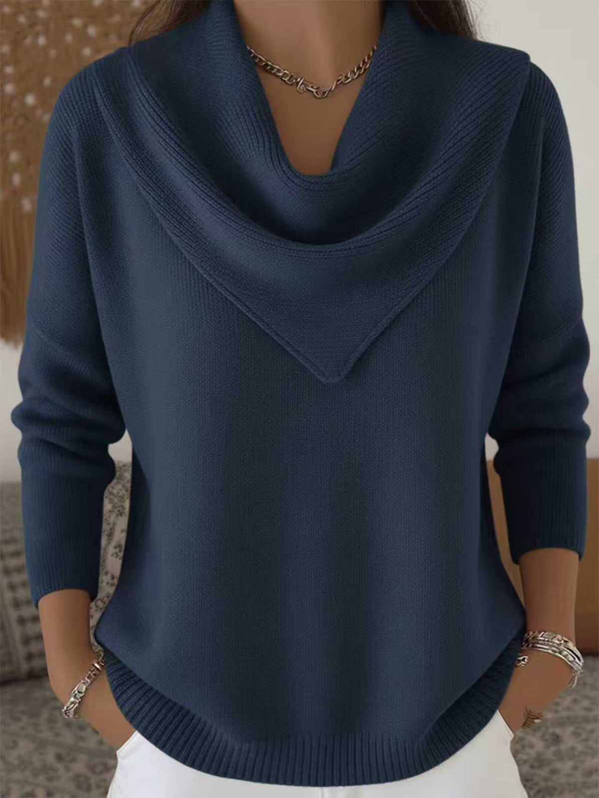 Womens Solid-color Long-sleeve Sweater Top
