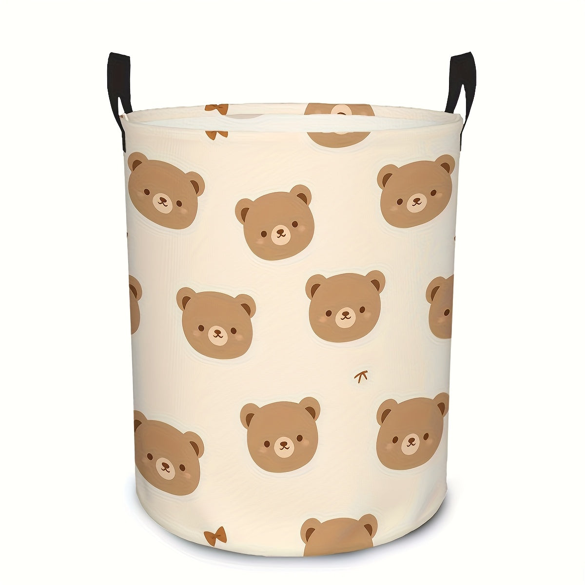 Large Round Foldable Canvas Laundry Basket with Cute Bear Print and Sturdy Handle
