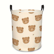 Large Round Foldable Canvas Laundry Basket with Cute Bear Print and Sturdy Handle