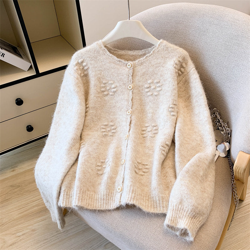 Womens Crew-neck Sweater Coat Loose-fitting Outerwear Knitted Cardigan