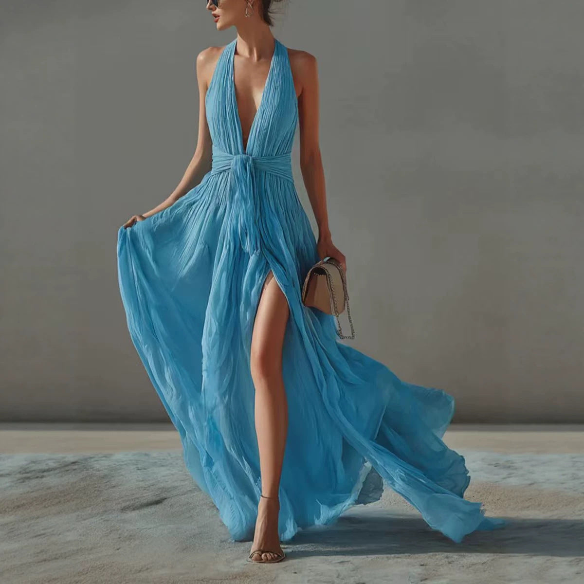 Elegance Deep V-Neck Pleated Halter Backless Evening Dress