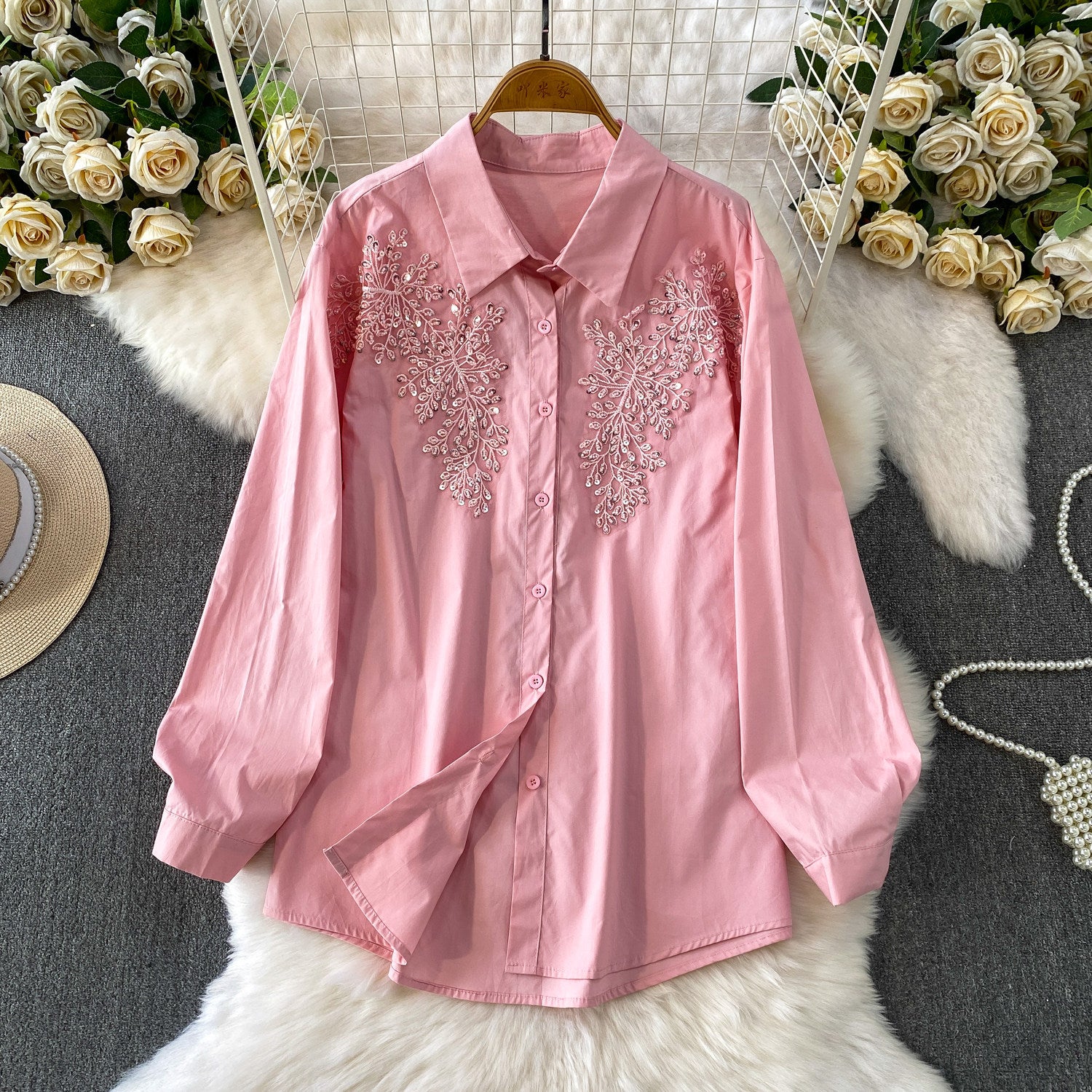 Elegant French‑Inspired Embroidered Sequin Lapel Shirt for Women