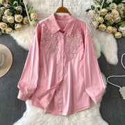 Elegant French‑Inspired Embroidered Sequin Lapel Shirt for Women
