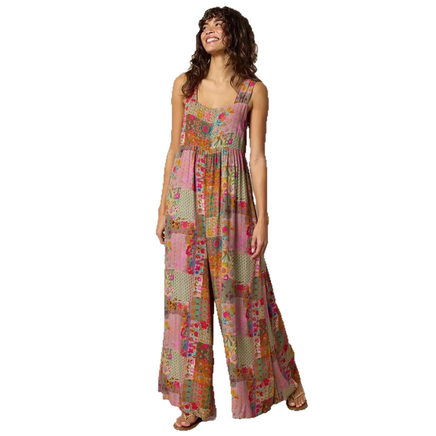 Retro Patchwork Wide-Leg Stretch Suspender Jumpsuit